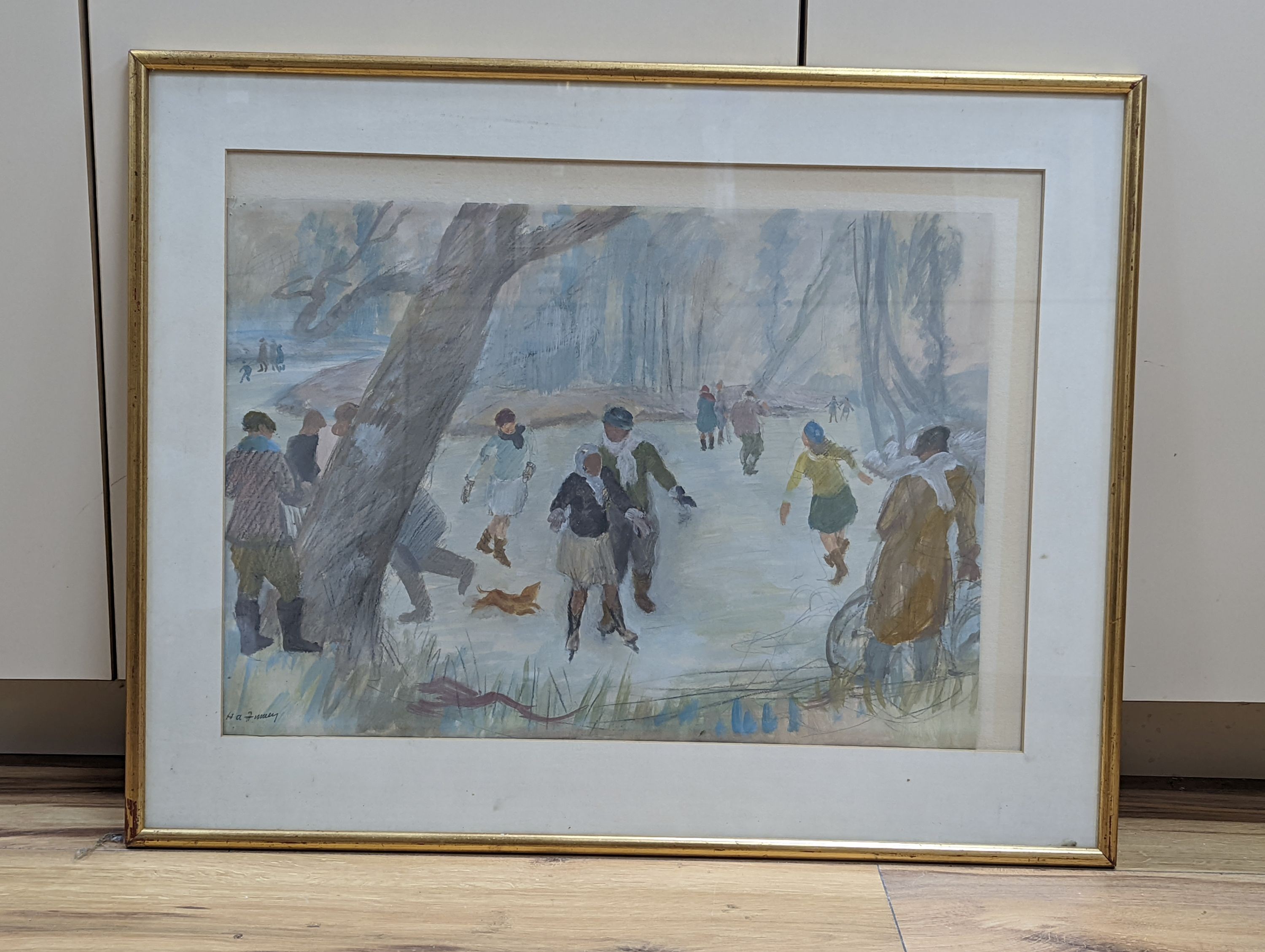 Hubert Arthur Finney (1905-1991), watercolour, Skaters in winter, signed, 41 x 57cm